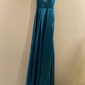 Satin Teal V-Neck Maxi Dress - Women
